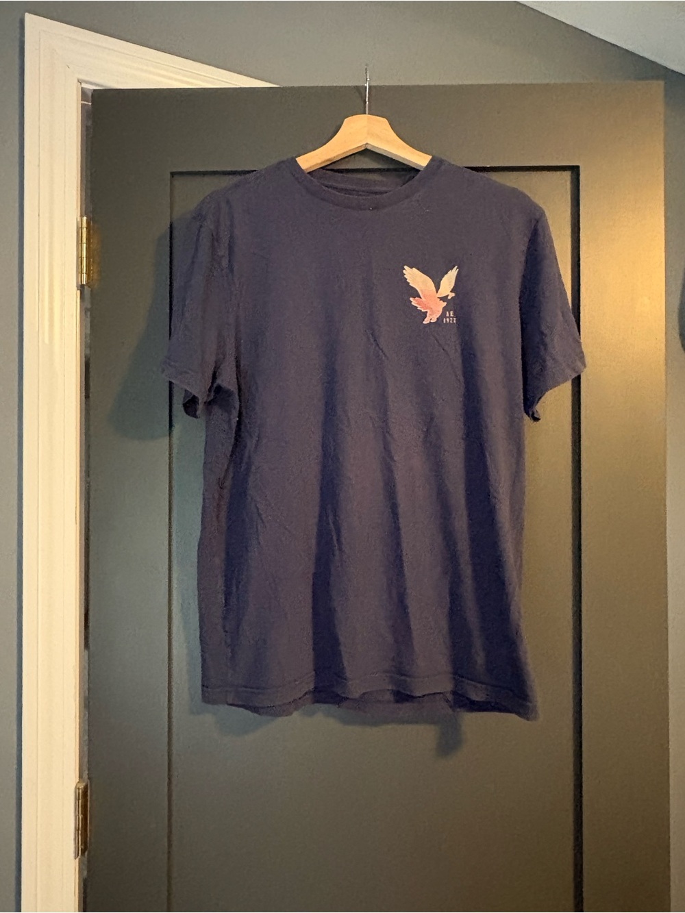 American Eagle Outfitters Navy Short-Sleeve Tee with Small Bird Graphic